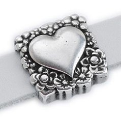 Bead, Slider 17x17mm Heart (Hole: 10x2.5mm) - Antique silver