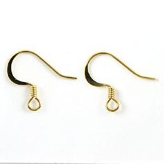 Earwire, 14mm Earwire Flat Hook with 2mm Coil and Open Loop - Gold Plated Brass