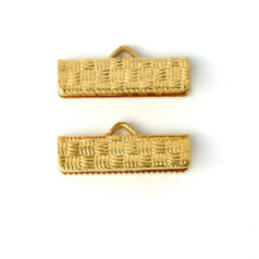 Crimp End, 19mm length 7.5mm width Crimp End with Weave Pattern - 24K Gold Plated Metal Nickel Free