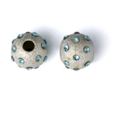 Bead, Sterling Silver 8mm Round in Satin Finish with Crystal in Aqua (Hole Size 2mm)