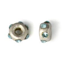 Bead, Sterling Silver 4mm Rondelle in Satin Finish with 6 Crystals in Aqua (Hole Size 1mm)