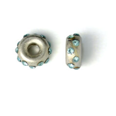Bead, Sterling Silver 6mm Rondelle in Satin Finish with 12 Crystals in Aqua (Hole Size 2mm)