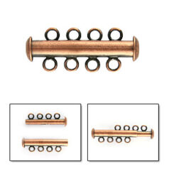 Clasp, 26x4mm Tube Clasp with Slide Lock 4 Loops 3mm apart - Antique Copper plated Brass