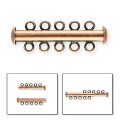Clasp, 30x4mm Tube Clasp with Slide Lock 5 Loops 3mm apart - Antique Copper plated Brass