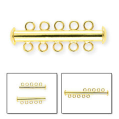 Clasp, 30x4mm Tube Clasp with Slide Lock 5 Loops 3mm apart - 24K Gold plated Brass