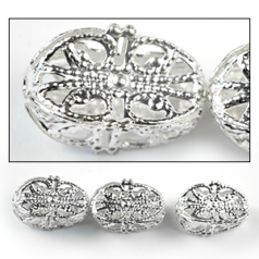 Bead, 21mm length 12mm width Indented Oval Filigree Bead, holesize: 1mm - Silver Plated Brass