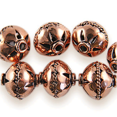 Bead, 11mm Round Copper Bead, holesize: 1.5mm with cut out arrows and rope pattern around bead - Copper Plated Brass