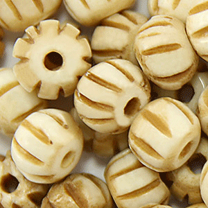 Bead, Bone 8mm Round with carved Grooves - Tea Dyed (Hole Size 2mm)