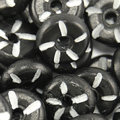 Bead, Bone 10x3mm Round Disc in Black with White Bone Spots (Hole Size 2.5mm)