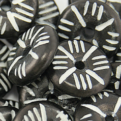 Bead, Bone 15x5mm Round Disc in Black with White Bone Patterns (Hole Size 2.5mm)