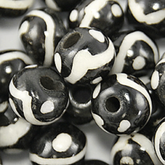 Bead, Bone 10mm Handcarved Round bead in Black with White pattern (Hole Size 2.5mm)