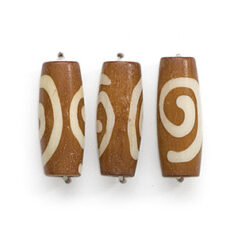 Bead, Bone 18x8mm Handcarved Tube in Brown with White pattern (Hole Size 1.5mm)