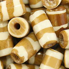 Bead, Bone 12x6mm Handcarved Tube in Brown with White pattern (Hole Size 2mm)
