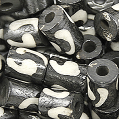 Bead, Bone 12x6mm Handcarved Tube in Black with White pattern (Hole Size 2mm)