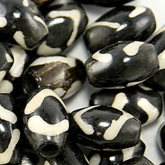 Bead, Bone 10x6mm Handcarved Oval bead in Black with White pattern (Hole Size 2mm)