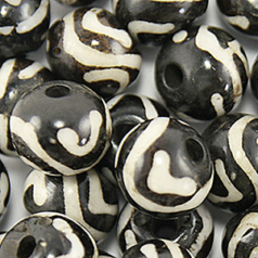 Bead, Bone 12mm Handcarved Round bead in Black with White pattern (Hole Size 2.5mm)