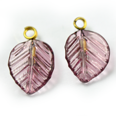 Bead, Drop Glass Leaves with Loop, 13.5x10mm in Purple. Made in Japan