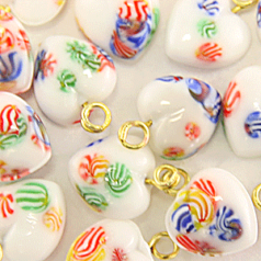 Bead, Venetian Glass, 8mm White Color Heart with Floral Design. Made In Japan