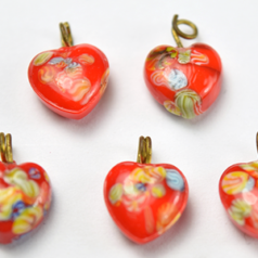 Bead, Venetian Glass, 8mm Red Color Heart with Floral Design. Made In Japan
