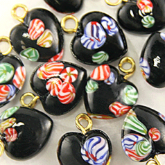 Bead, Venetian Glass, 8mm Black Color Heart with Floral Design. Made In Japan