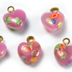 Bead, Venetian Glass, 8mm Pink Color Heart with Floral Design. Made In Japan