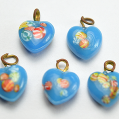 Bead, Venetian Glass, 8mm Turquoise Color Heart with Floral Design. Made In Japan