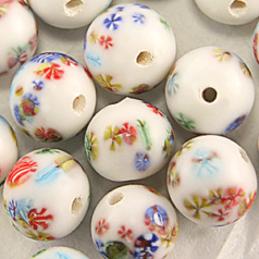 Bead, Venetian Glass, 8mm Round in White Color with Floral Design. Made In Japan (Hole Size 1.5mm)