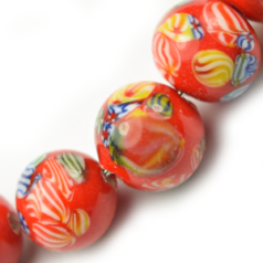 Bead, Venetian Glass, 8mm Round in Red Color with Floral Design. Made In Japan (Hole Size 1.5mm)