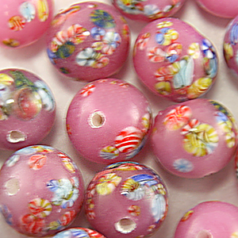 Bead, Venetian Glass, 8mm Round in Pink Color with Floral Design. Made In Japan (Hole Size 1.5mm)