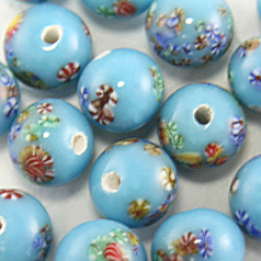 Bead, Venetian Glass, 8mm Round in Turquoise Color with Floral Design. Made In Japan (Hole Size 1.5mm)