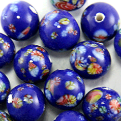 Bead, Venetian Glass, 8mm Round in Blue Color with Floral Design. Made In Japan (Hole Size 1.5mm)