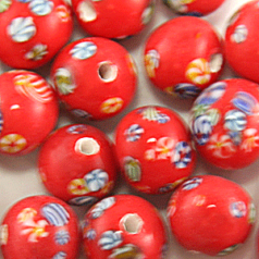 Bead, Venetian Glass, 6mm Round in Red Color with Floral Design. Made In Japan (Hole Size 1.5mm)