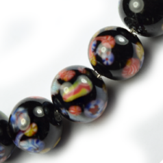 Bead, Venetian Glass, 6mm Round in Black Color with Floral Design. Made In Japan (Hole Size 1.5mm)