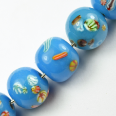 Bead, Venetian Glass, 6mm Round in Turquoise Color with Floral Design. Made In Japan (Hole Size 1.5mm)
