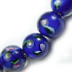 Bead, Venetian Glass, 6mm Round in Blue Color with Floral Design. Made In Japan (Hole Size 1.5mm)