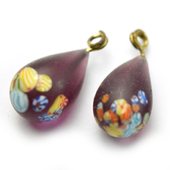 Bead, Drop Glass Frosted,13x8mm with Loop, Purple with Floral Design. Made in Japan