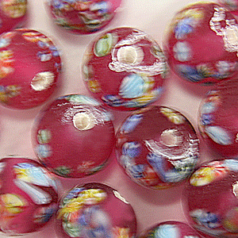 Bead, Glass Frosted, 8mm Round in Pink with Floral Design.  Made in Japan (Hole Size: 1.5mm)