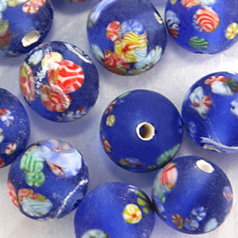 Bead, Glass Frosted, 8mm Round in Blue with Floral Design.  Made in Japan (Hole Size: 1.5mm)