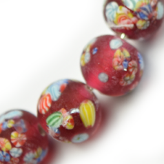 Bead, Glass Frosted, 6mm Round in Pink with Floral Design.  Made in Japan (Hole Size: 1.5mm)