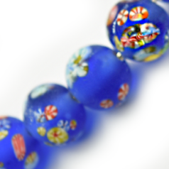 Bead, Glass Frosted, 6mm Round in Blue with Floral Design.  Made in Japan (Hole Size: 1.5mm)
