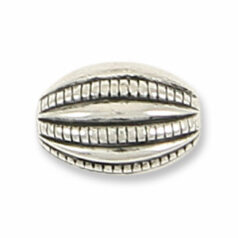 Bead, Metalized Plastic in Antique Silver, 14x10mm Oval Ribbed (Hole Size 1.5mm)