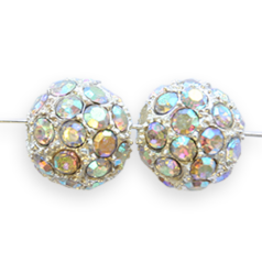 Bead, Nuvo Pave Metal Base with Crystals in AB coating, 14mm Round Silver Plated Bead (Hole Size 3mm)