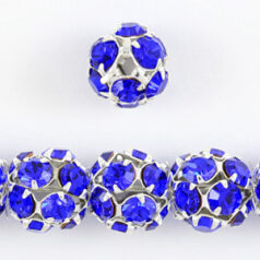Bead, Rhinestone 8mm Round Silver plated brass with Crystal Sapphire