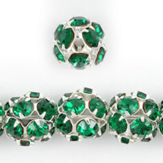 Bead, Rhinestone 8mm Round Silver plated brass with Crystal Emerald
