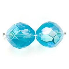 Bead, Czech firepolish, 12mm round faceted AB, LIGHT AQUA