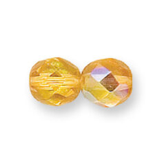 Bead, Czech firepolish, 8mm round faceted AB, PALE TOPAZ