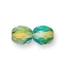 Bead, Czech firepolish, 8mm round faceted two tone, ORANGE/AQUA