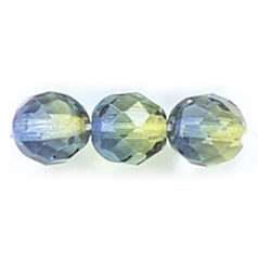 Bead, Czech firepolish, 8mm round faceted two tone, OLIVE/SAPPHIRE