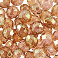 Bead, Czech firepolish, 6mm round faceted two tone, PINK/GOLD DIAMOND