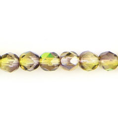 Bead, Czech firepolish, 6mm round faceted two tone AB, YELLOW/SMOKE TOPAZ